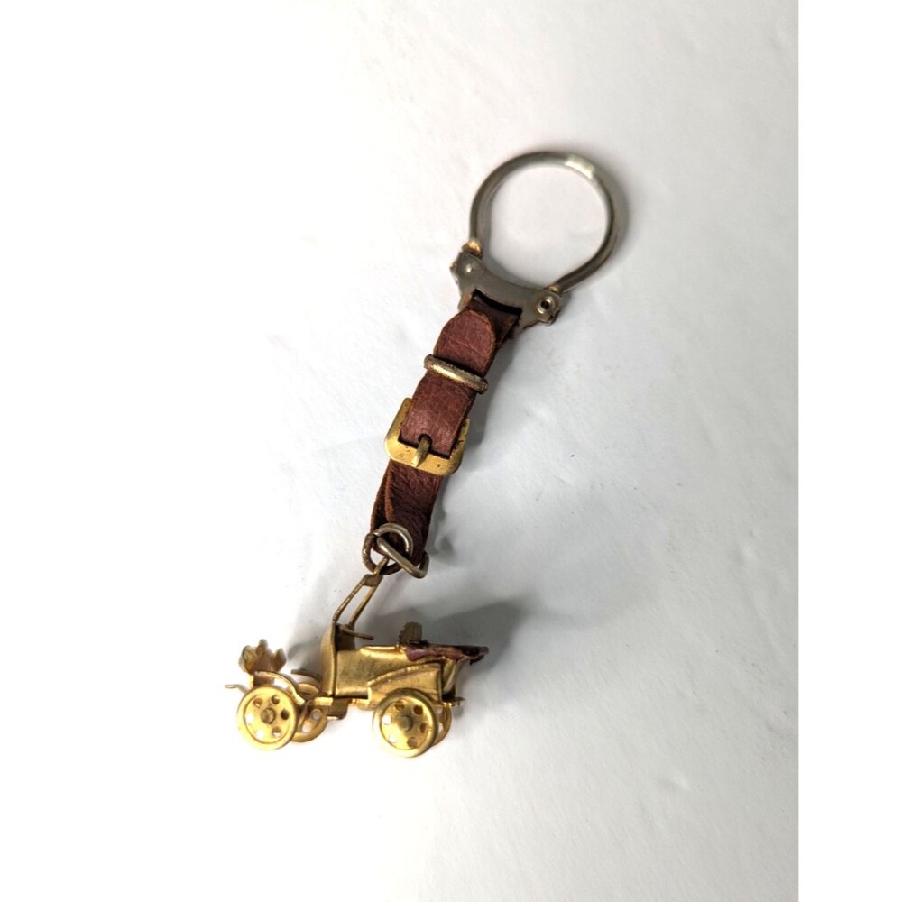 VTG Car Keyring Brass Keychain Leather 1920s Fiat  Model Belt Buckle Strap Rare